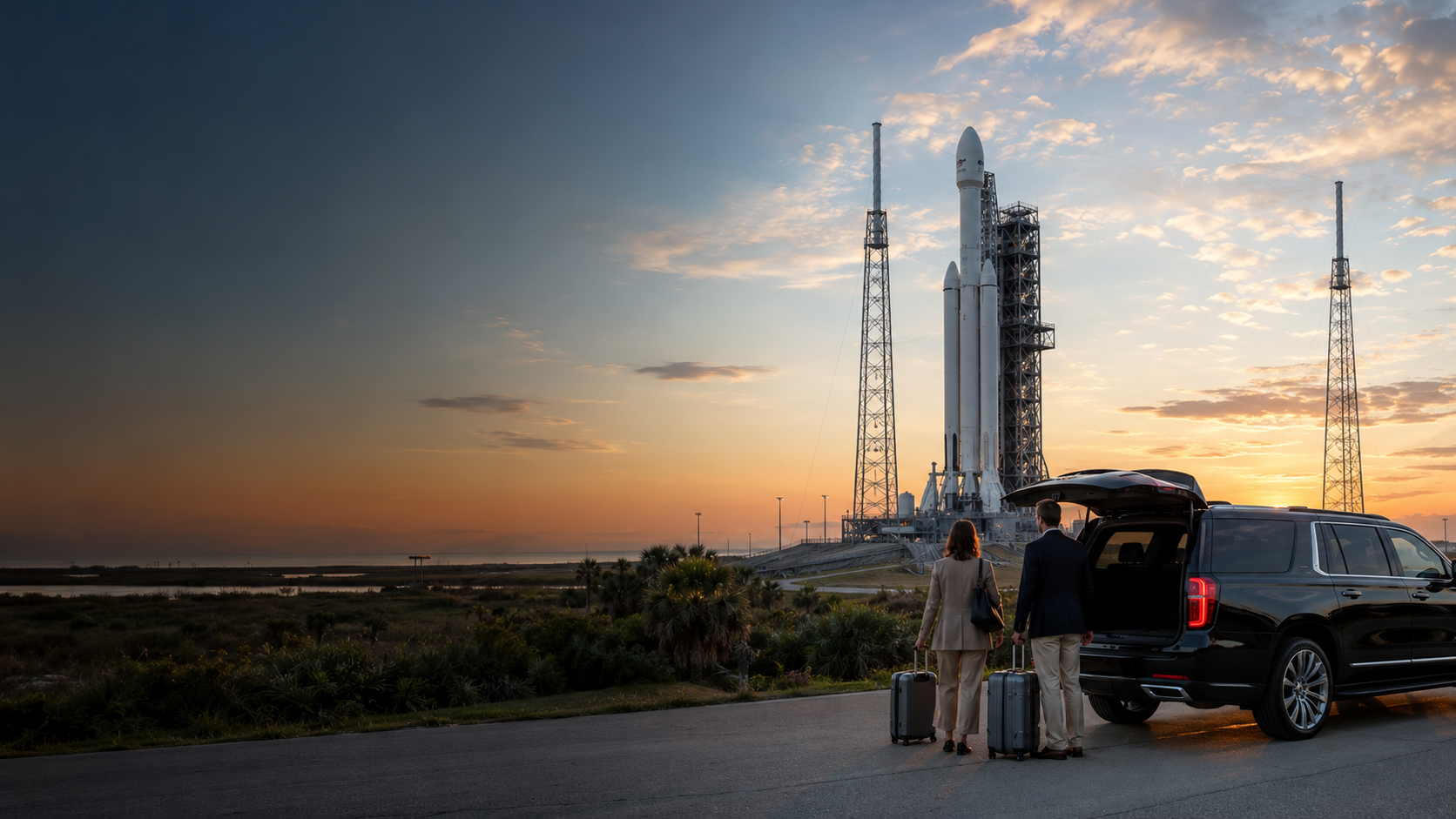 Rocket on a Cape Canaveral launch pad with private travelers and a black SUV