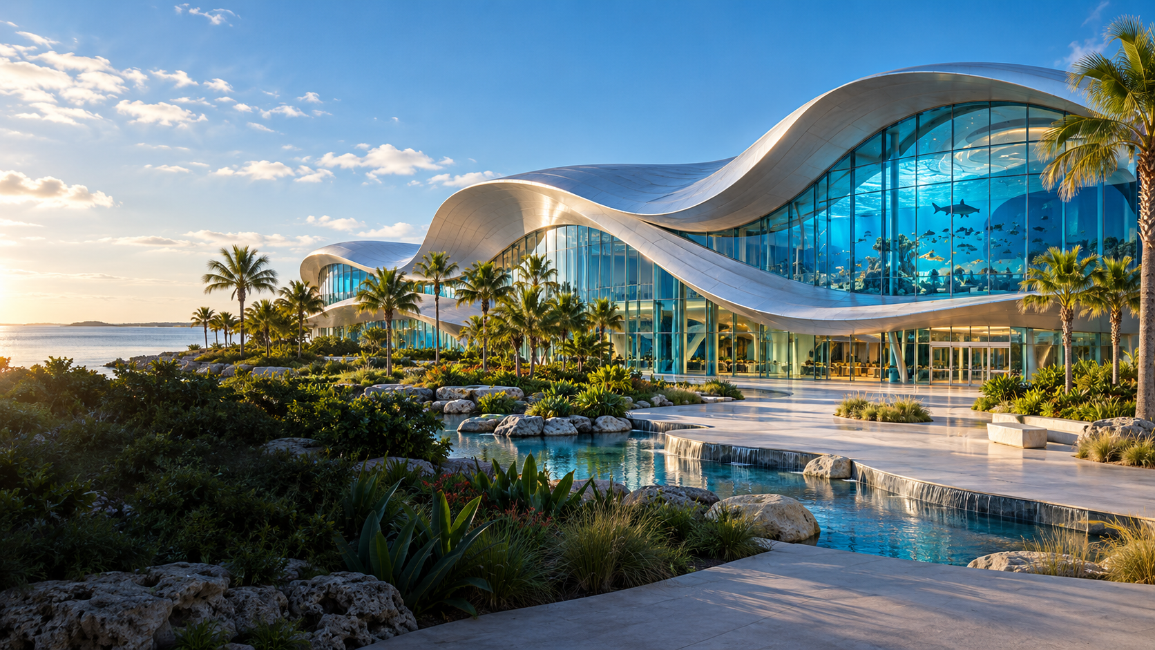 AI concept illustration of a coastal aquarium with wave-inspired architecture; not a photograph of Mote SEA