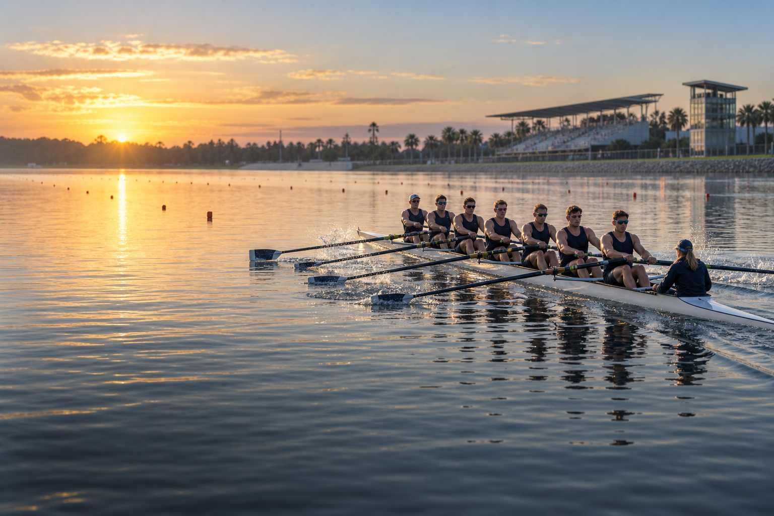 Eight-person rowing team racing at sunrise on a Sarasota regatta course