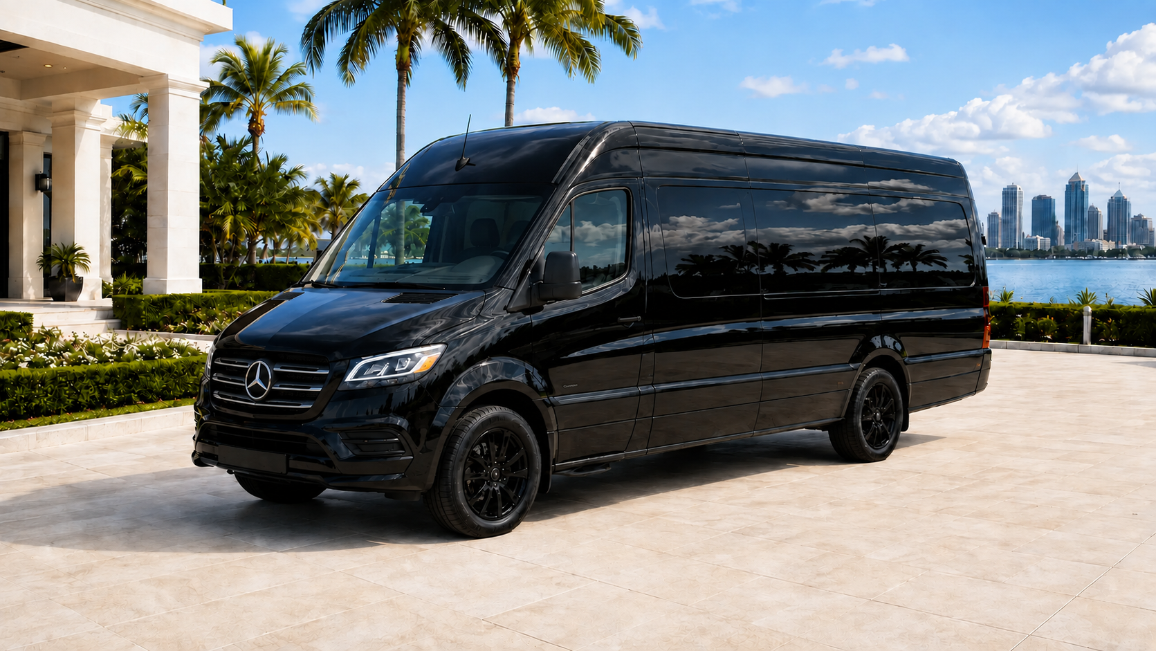 Black-on-black 2026 long-body high-roof Mercedes Sprinter with visible Mercedes grille emblem in Tampa Bay